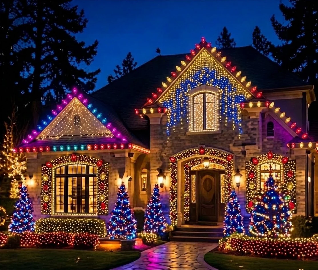 Home with bold, elegant warm white Christmas light display