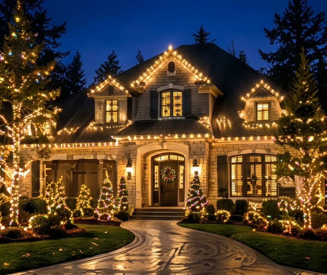 Home decorated with classic warm white Christmas lights
