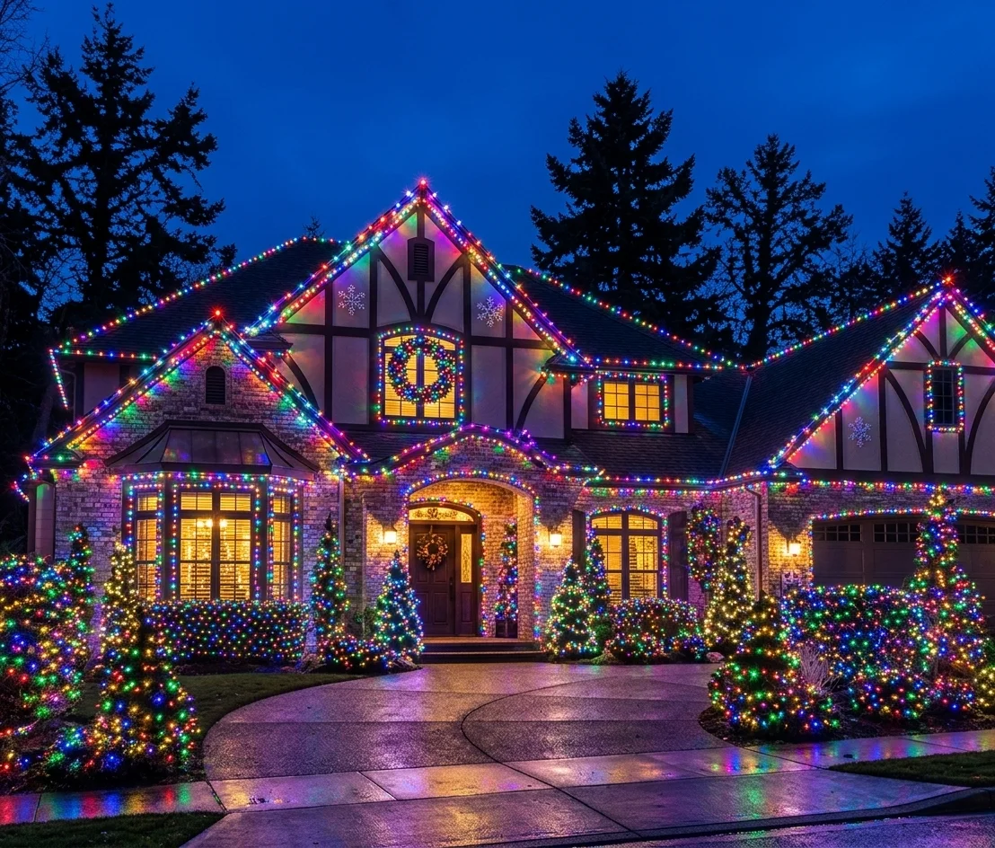Home decorated with colorful multicolor Christmas lights